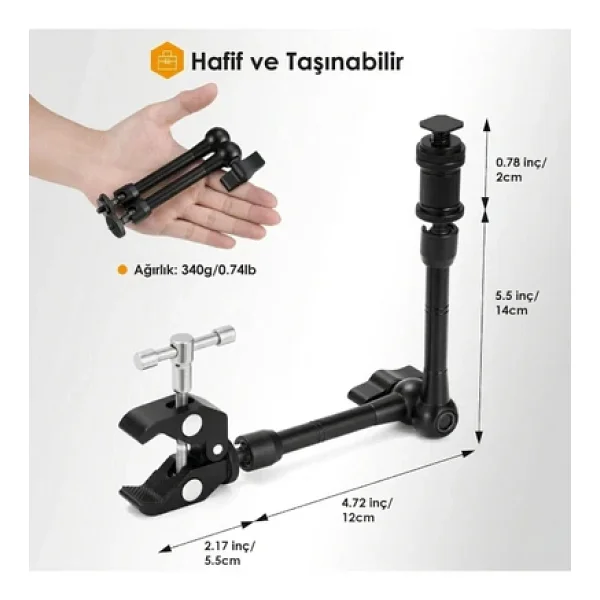 Coverzone Profesyonel Magic Arm DSLR Kamera Tutucu Süper Kelepçeli Mengene Stand, 1/4 3/8 Dişli Flaş Pabuçlu Esnek Mafsallı Kol Tripod Masa Gidon Monitör Mikrofon Aksiyon Kamera Sabitleme, MG01, Siyah - Görsel 6