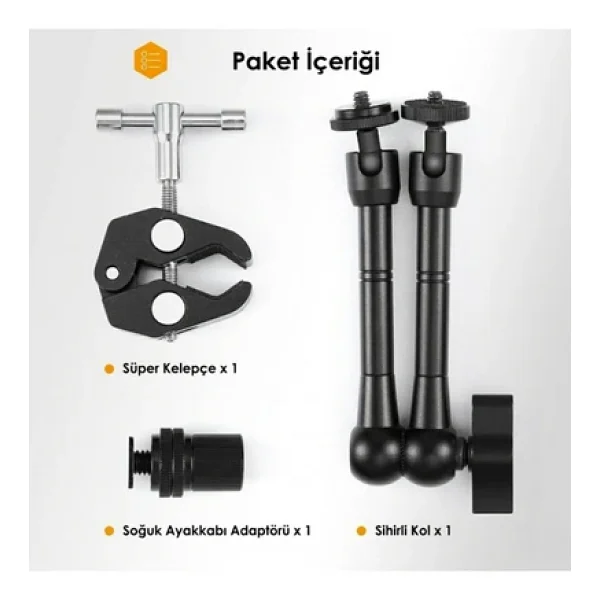 Coverzone Profesyonel Magic Arm DSLR Kamera Tutucu Süper Kelepçeli Mengene Stand, 1/4 3/8 Dişli Flaş Pabuçlu Esnek Mafsallı Kol Tripod Masa Gidon Monitör Mikrofon Aksiyon Kamera Sabitleme, MG01, Siyah - Görsel 8