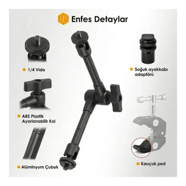 Coverzone Profesyonel Magic Arm DSLR Kamera Tutucu Süper Kelepçeli Mengene Stand, 1/4 3/8 Dişli Flaş Pabuçlu Esnek Mafsallı Kol Tripod Masa Gidon Monitör Mikrofon Aksiyon Kamera Sabitleme, MG01, Siyah - Görsel 7