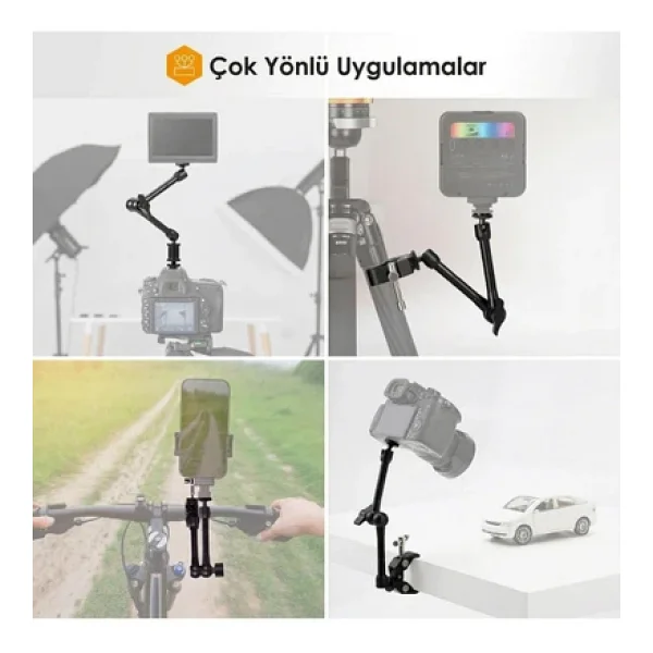 Coverzone Profesyonel Magic Arm DSLR Kamera Tutucu Süper Kelepçeli Mengene Stand, 1/4 3/8 Dişli Flaş Pabuçlu Esnek Mafsallı Kol Tripod Masa Gidon Monitör Mikrofon Aksiyon Kamera Sabitleme, MG01, Siyah - Görsel 2