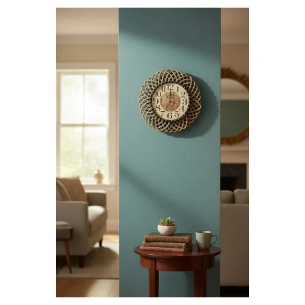 home inn Bohem Natural/Siyah İp Detaylı Duvar Saati - Modern Görünümlü Dekoratif Saat - 43 cm - Görsel 5