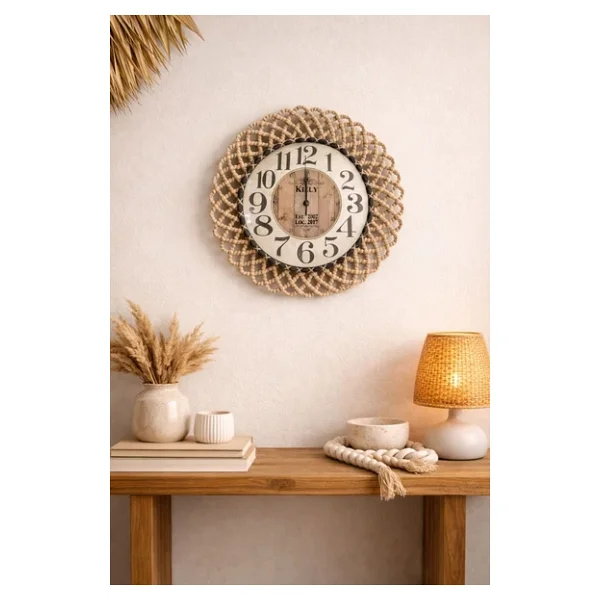 home inn Bohem Natural/Siyah İp Detaylı Duvar Saati - Modern Görünümlü Dekoratif Saat - 43 cm - Görsel 2