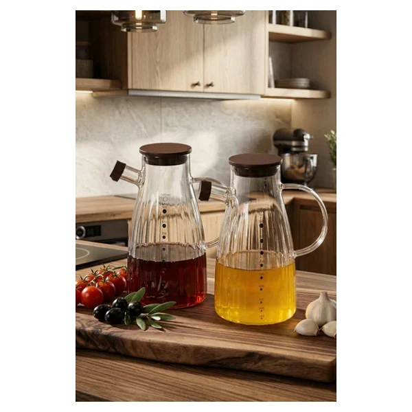 Porsima LM-0053 Alvera Kapaklı Borosilikat Cam 2li Yağlık Sirkelik Yağdanlık Seti 1000ml - Görsel 2