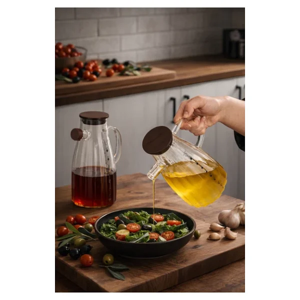 Porsima LM-0053 Alvera Kapaklı Borosilikat Cam 2li Yağlık Sirkelik Yağdanlık Seti 1000ml - Görsel 3