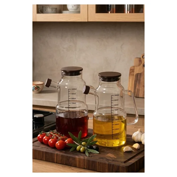 Porsima LM-0107 Evora Kapaklı Borosilikat Cam 2li Yağlık Sirkelik Yağdanlık Seti 1000ml - Görsel 2