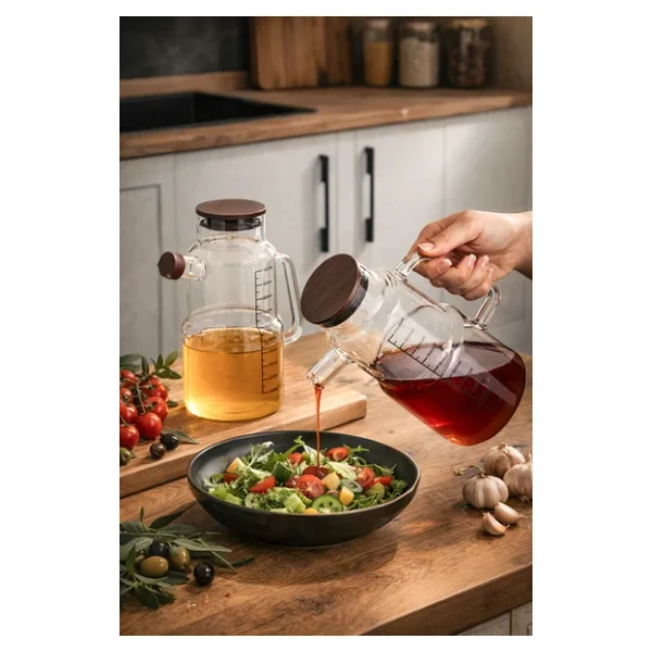 Porsima LM-0107 Evora Kapaklı Borosilikat Cam 2li Yağlık Sirkelik Yağdanlık Seti 1000ml - Görsel 3