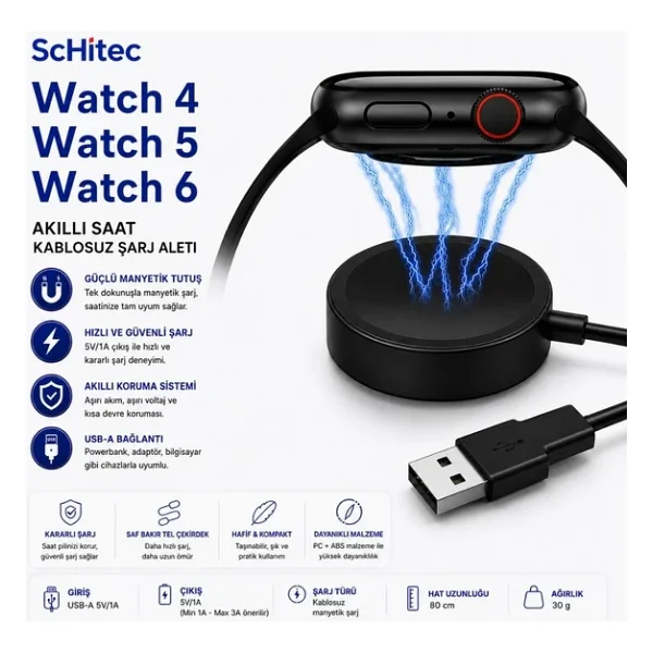 ScHitec Samsung Watch 4 - Watch 5 - Watch 6 Uyumlu UsbA Çıkışlı Fast Wireless Charge Hızlı Kablosuz Akıllı Saat Şarj Cihazı - Görsel 4