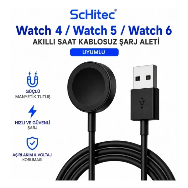 ScHitec Samsung Watch 4 - Watch 5 - Watch 6 Uyumlu UsbA Çıkışlı Fast Wireless Charge Hızlı Kablosuz Akıllı Saat Şarj Cihazı - Görsel 3