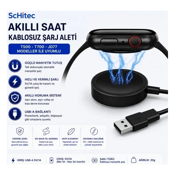 ScHitec T500 - T700 - JD77 Akıllı Saat Şarj Cihazı - Görsel 7