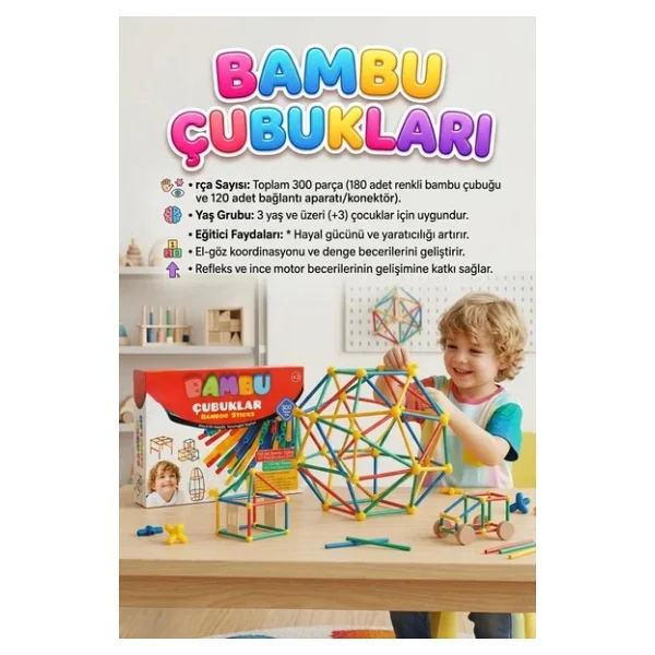 Bambu Çubuklar 300 Parça Eğitici Yapım Seti - Zeka Geliştirici İnşa Blokları Oyuncak - Görsel 2