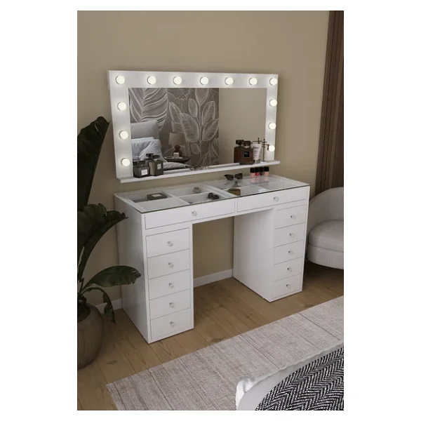 DF02119 LED Beyaz Işıklı, 120 cm Aynalı Makyaj Masası, 12 Çekmeceli,Kozmetik ve Takı Düzenleyici - Görsel 6