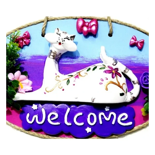 Kedi Figürlü Welcome Yazılı El Yapımı Kapı Süsü - Görsel 2
