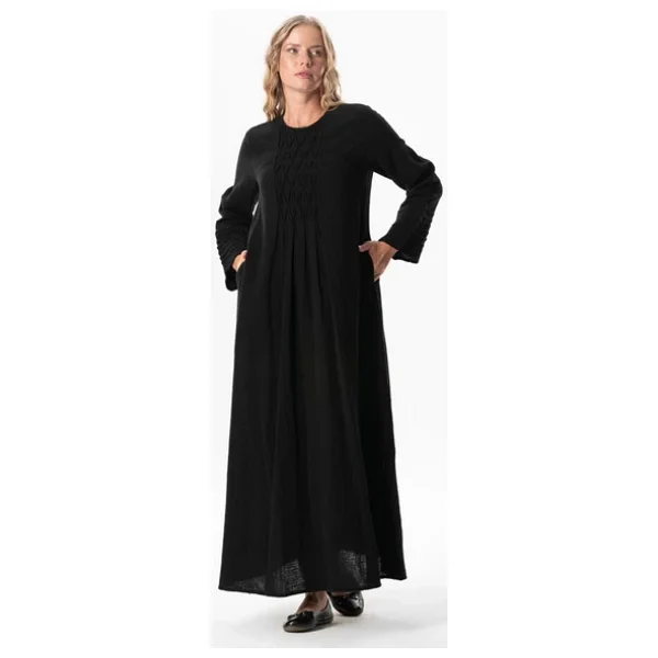 Uzun Kol Şahika Nervür Detaylı Uzun Müslin Yazlık Elbise Siyah Syh Siyah - Görsel 6