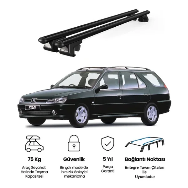 Today Auto Venüs Peugeot 306 Station Wagon (1993-2001) Uyumlu Siyah Ara Atkı Port Bagaj Tavan Barı - Görsel 2