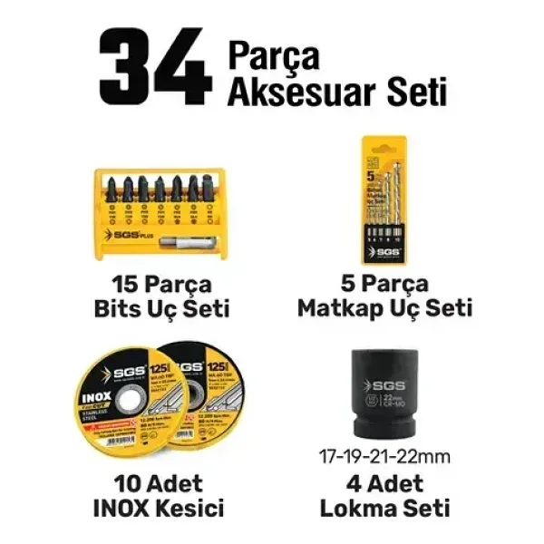 SGS5451 - COMBO SET 5 PARÇA (Darbeli Matkap / Kırıcı-Delici Matkap / Avuç Taslama Makinesi / Darbeli Somun Sıkma / Led Fener) - Görsel 3