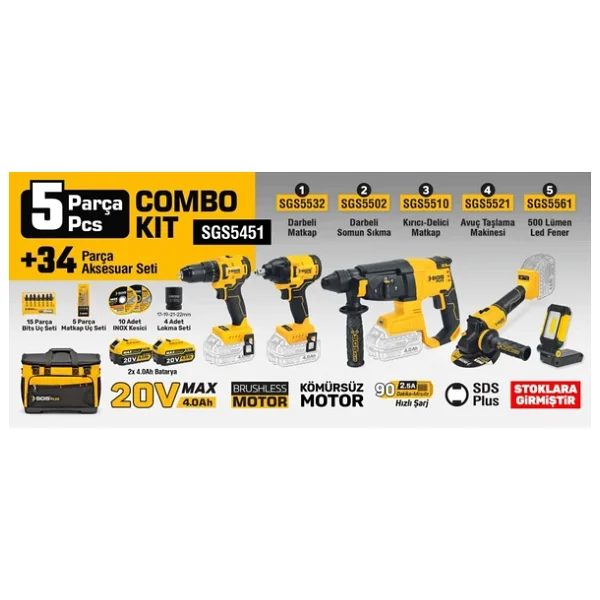 SGS5451 - COMBO SET 5 PARÇA (Darbeli Matkap / Kırıcı-Delici Matkap / Avuç Taslama Makinesi / Darbeli Somun Sıkma / Led Fener) - Görsel 4