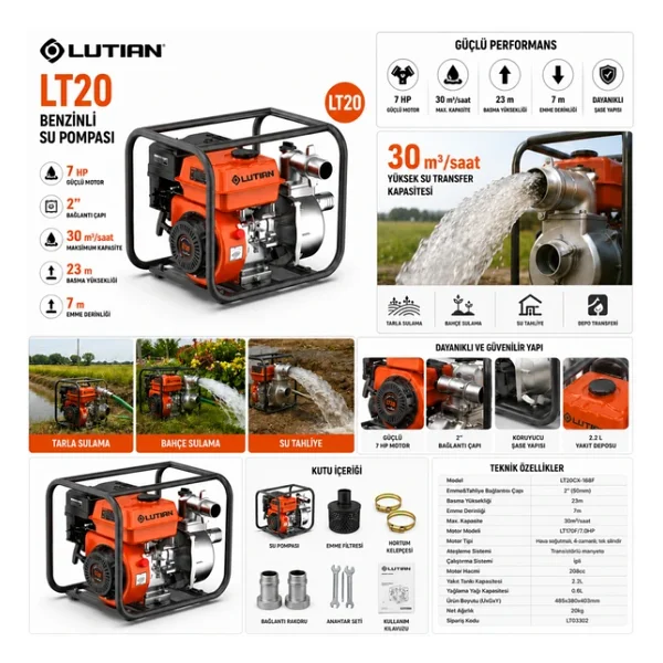 Lutian LT20 Benzinli Su Motoru 2 Inç 7 Hp Su Pompası 30 Ton/saat - Görsel 6