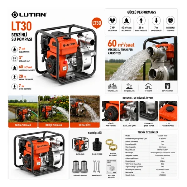 Lutian Lt30 Benzinli Su Motoru 3 İnç 7 Hp Su Pompası 60 Ton/Saat - Görsel 6
