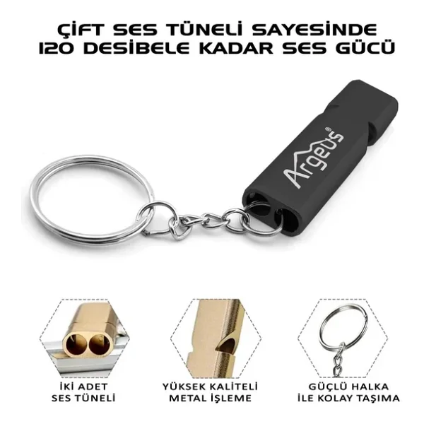 Argeus Anahtarlıklı Alüminyum Acil Durum Düdüğü Siyah - Görsel 2