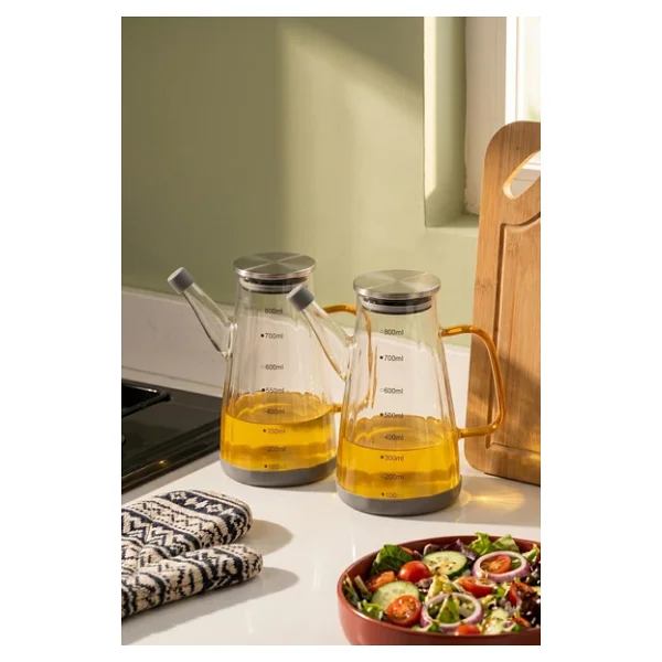 Porsima YH009-D02 2li Metal Kapaklı Vakumlu Ölçekli Borosilikat Cam Yağdanlık Takımı - Sızdırmaz Yağlık Sirkelik Seti 800ML+800ML - Görsel 6
