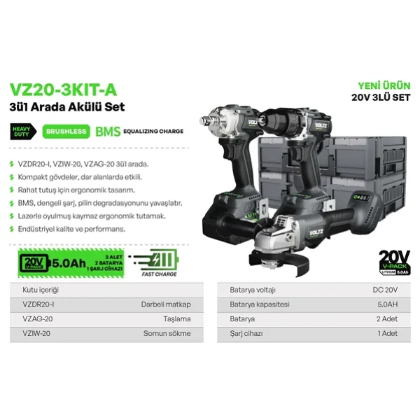 Voltz VZ20-3KIT-A 20 V Çift Akülü 5 Ah Elektrikli El Aletleri Seti - Görsel 3