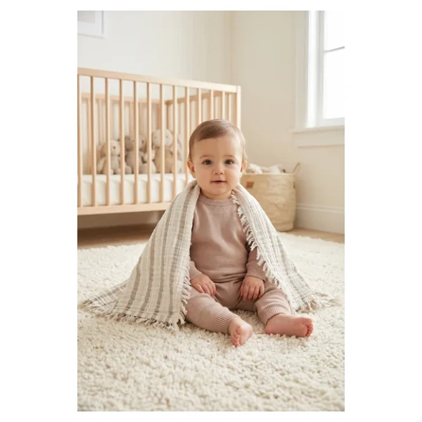 Çift Katlı Müslin Bebek Pike Örtü Yenidoğan Battaniyesi 85X95 cm Bebek Pikesi Puset Örtüsü Bej - Görsel 5