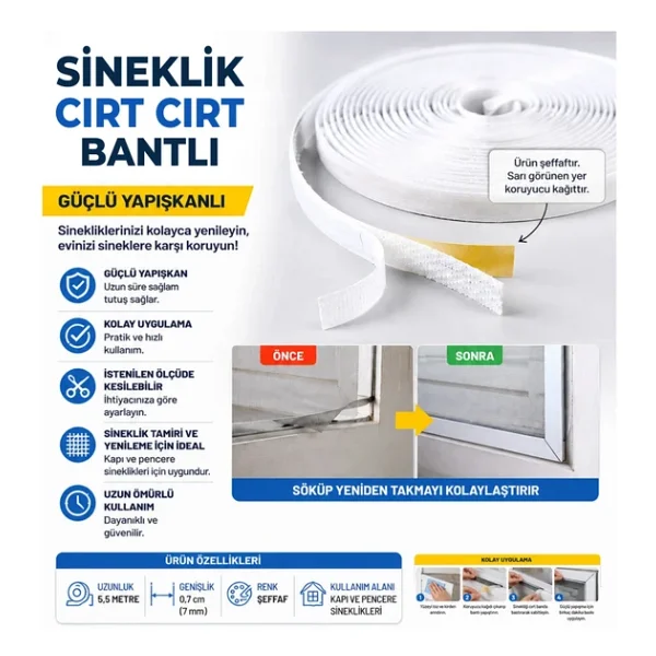 Pratik Cırt Bantlı Pencere Sinekliği 75X125 Cm Deliksiz Montaj Tek Kanat Beyaz Sineklik - Görsel 3