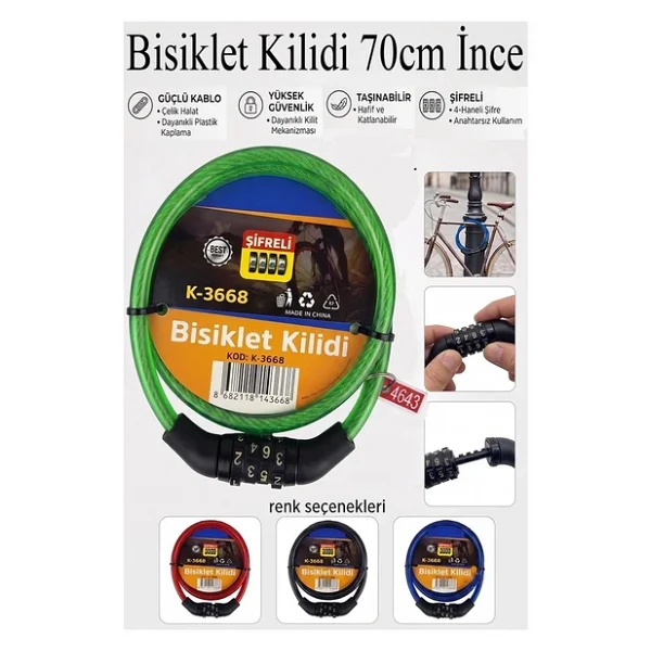 Şifreli Bisiklet Kilidi 70 cm İnce 1 Adet K-3668 Çelik Halat Plastik Kaplamalı Bisiklet Kiliti Scooter Kapı Şifreli - Görsel 4