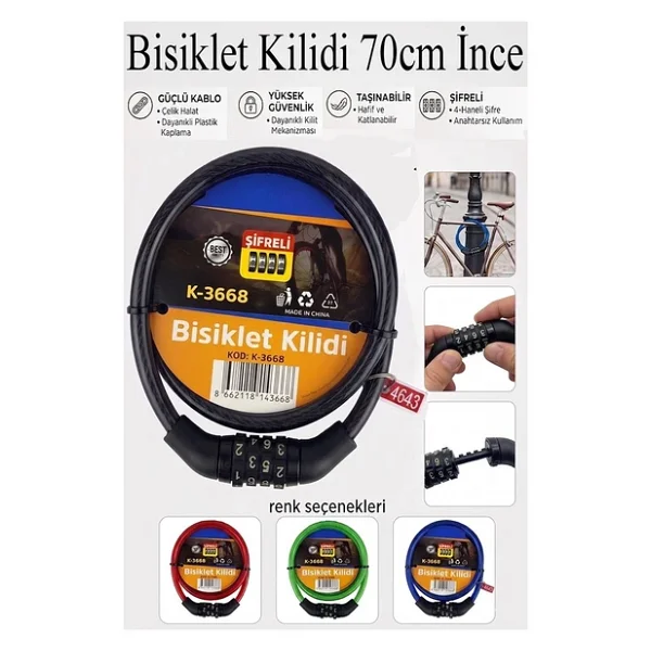 Şifreli Bisiklet Kilidi 70 cm İnce 1 Adet K-3668 Çelik Halat Plastik Kaplamalı Bisiklet Kiliti Scooter Kapı Şifreli - Görsel 3