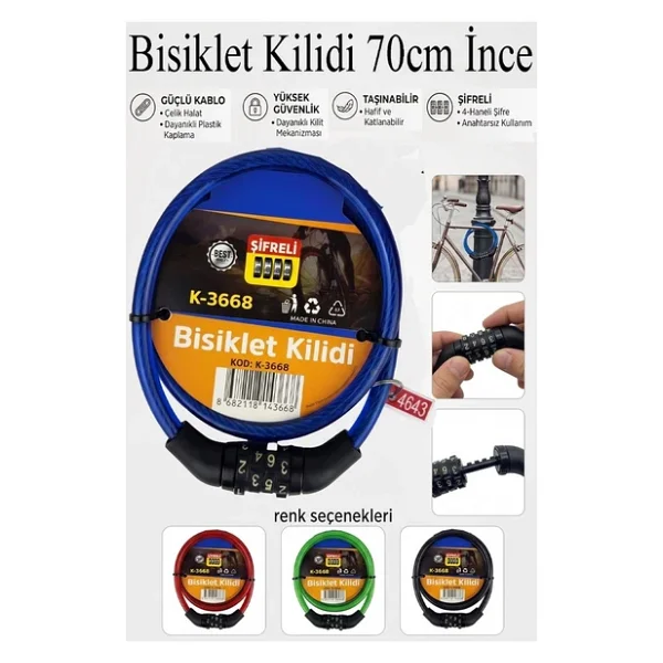Şifreli Bisiklet Kilidi 70 cm İnce 1 Adet K-3668 Çelik Halat Plastik Kaplamalı Bisiklet Kiliti Scooter Kapı Şifreli - Görsel 2