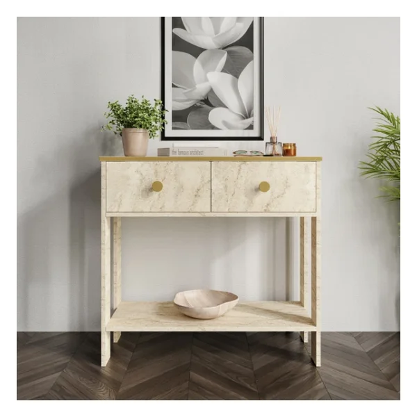 Traverten Desenli Modern Dresuar, 2 Çekmeceli 90cm Mermer Desenli - Tamamı MDF - Görsel 2