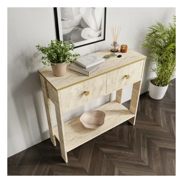 Traverten Desenli Modern Dresuar, 2 Çekmeceli 90cm Mermer Desenli - Tamamı MDF - Görsel 4