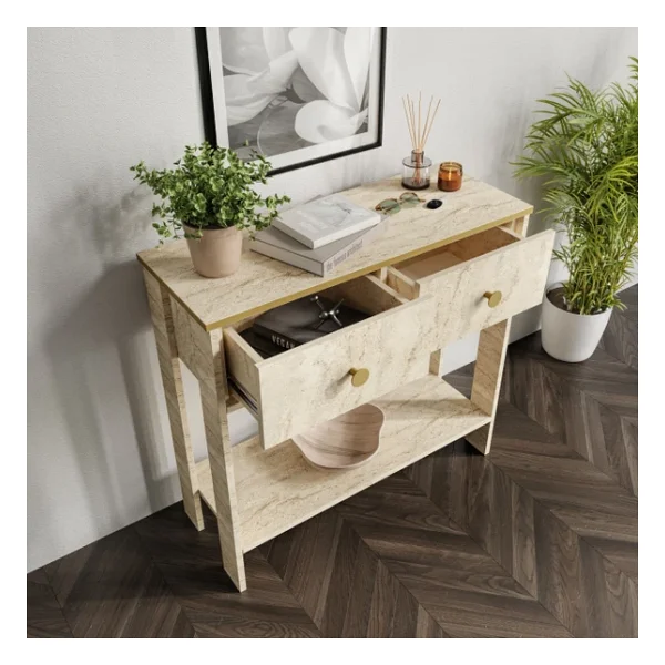 Traverten Desenli Modern Dresuar, 2 Çekmeceli 90cm Mermer Desenli - Tamamı MDF - Görsel 3