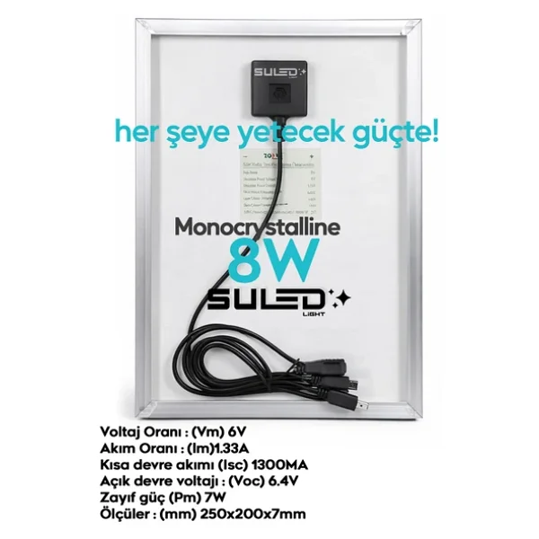 SULED 8W Güneş Enerjili Solar USB Şarj Paneli 6V USB Çıkışlı 2A Telefon Tablet ve USB Ürün Şarj Ünitesi - Görsel 4