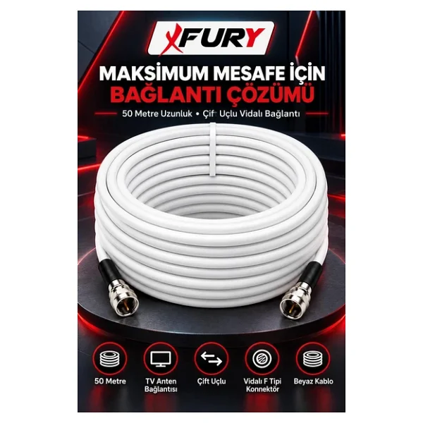 FURY HD Uydu Anten Kablosu 50 Metre F Konnektörlü Full HD 4K TV Kablosu - Görsel 5