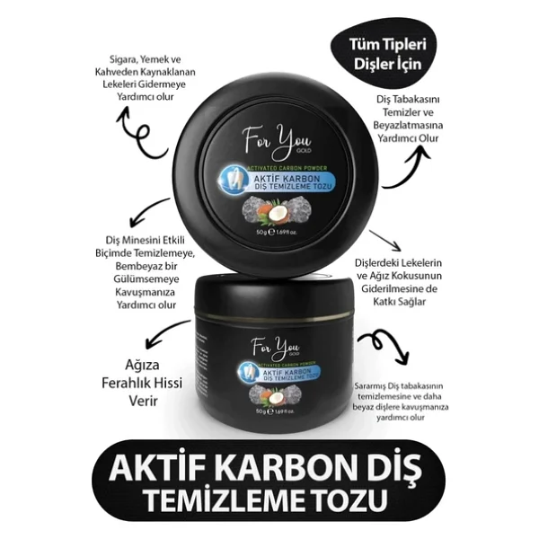 For You Gold Aktif Karbon Diş Temizleme Tozu 50 Gr Extra Beyazlatıcı Diş Tozu + Nane - Görsel 5