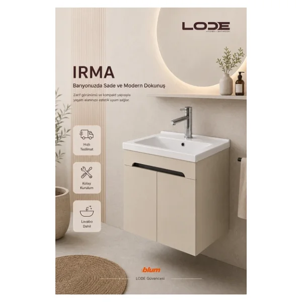 Lode Bath Irma 70 Cm Lavabolu Alt Banyo Dolabı, Kapaklı Banyo Alt Dolabı,Seramik Lavabo Dahil - Görsel 2