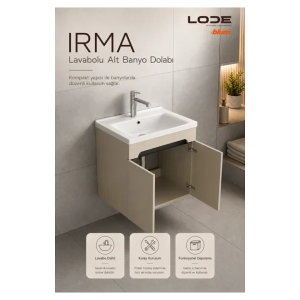 Lode Bath Irma 70 Cm Lavabolu Alt Banyo Dolabı, Kapaklı Banyo Alt Dolabı,Seramik Lavabo Dahil - Görsel 5