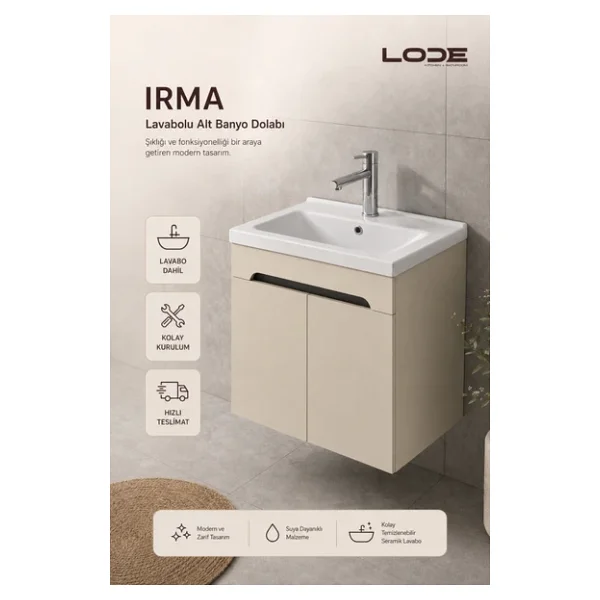 Lode Bath Irma 70 Cm Lavabolu Alt Banyo Dolabı, Kapaklı Banyo Alt Dolabı,Seramik Lavabo Dahil - Görsel 3