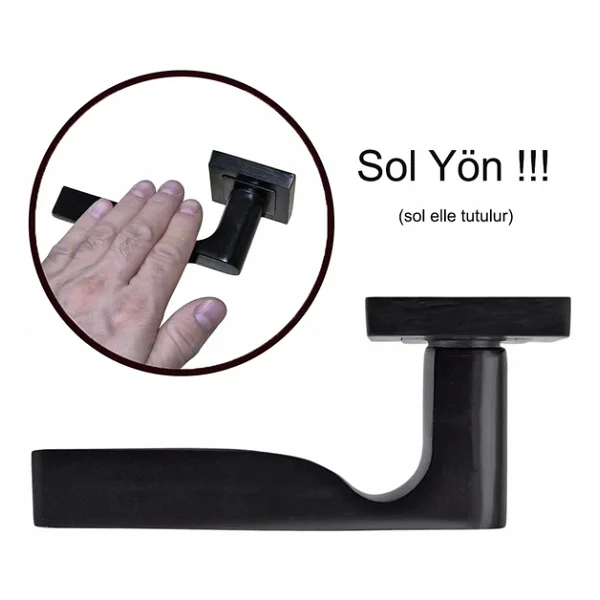Kare Rozetli Siyah Çelik Kapı Kolu Açma Tutma Kulpu -Tek Sol Yön (Metal Ürün !!!) - Görsel 2