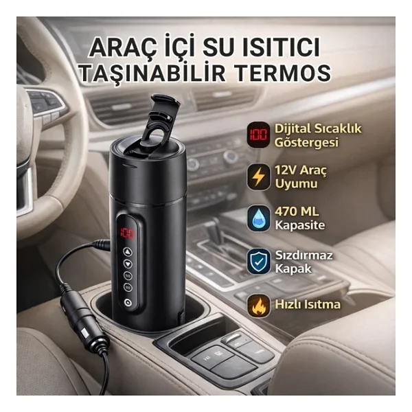Polham Araç İçi Su Isıtıcı 470 ML - Dijital Sıcaklık Göstergeli Taşınabilir Termos 12V Çakmaklık U - Görsel 7