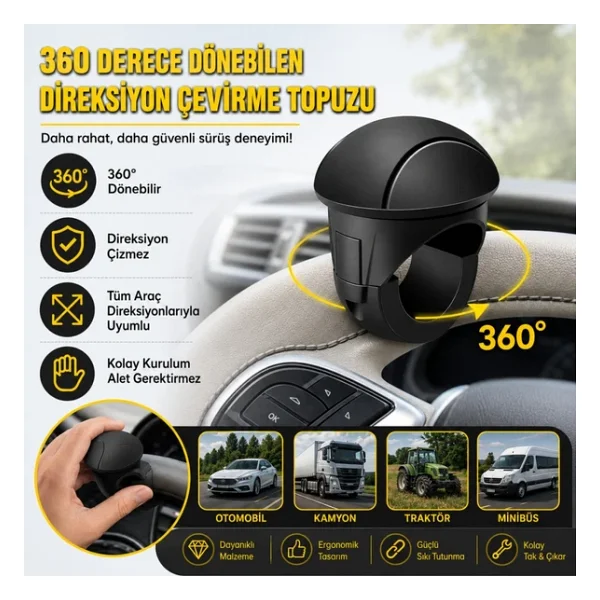 Polham Araç Direksiyon Topuzu 360 Dönebilir, Direksiyon Çizmez, Tüm Araç Direksiyonlarına Uyumlu - Görsel 2