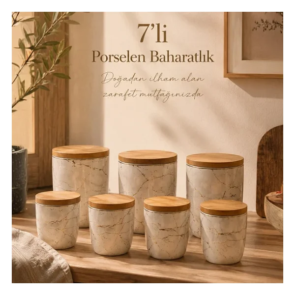 Porsima PXM2673-7/S Marble 7 Parça Bambu Vakum Kapaklı Porselen Baharat Takımı Baharatlık Seti - Görsel 6
