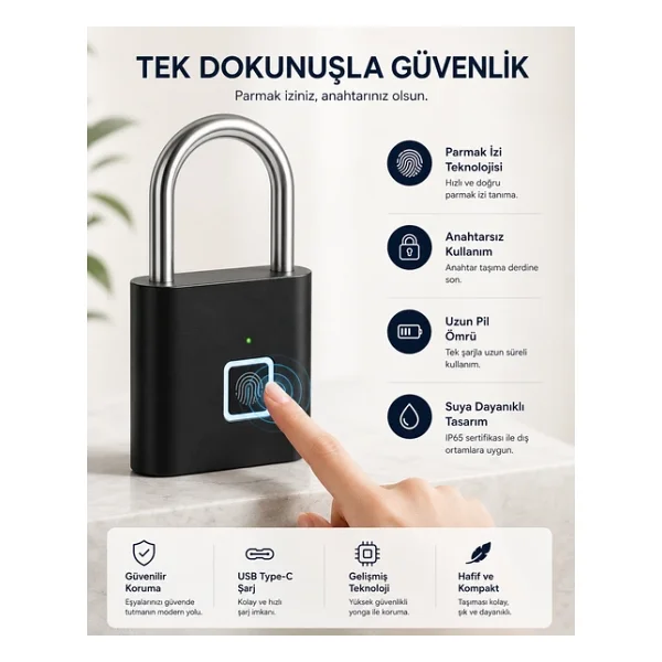 Akıllı Yaşamın Vazgeçilmez Güvenliği Mini Parmak İzi Okuyuculu Akıllı Asma Kilit - Görsel 2