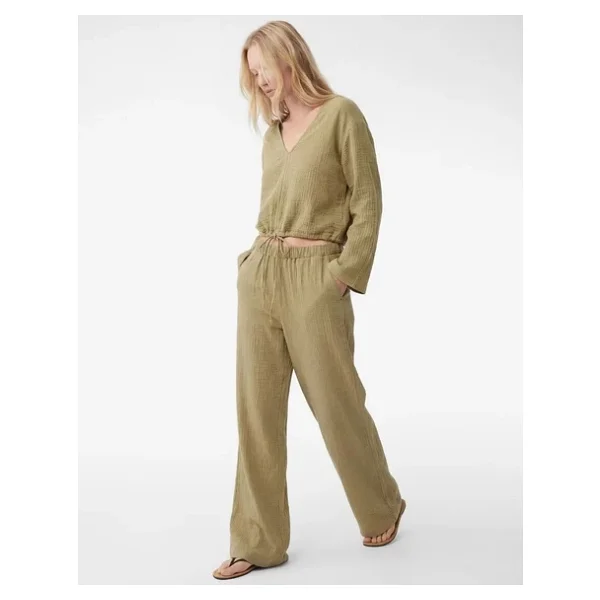Pamuklu Beli Lastikli Geniş Paça Müslin Pantolon - Görsel 6