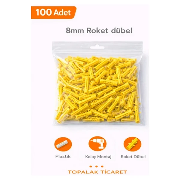 Nif 8Mm Plastik Dişli Sarı Roket Dübel 100 Adet - Görsel 3