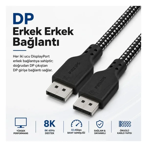 Philips Swr3139b 1.5 Metre Örgülü Displayport 1.4 Kablo, Dsc, 8K 60Hz, 4K 240Hz, 2K 360Hz, 1080P 480Hz, Hdr, 32.4 Gbps Dp Kablo - Görsel 9