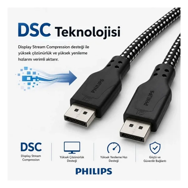Philips Swr3139b 1.5 Metre Örgülü Displayport 1.4 Kablo, Dsc, 8K 60Hz, 4K 240Hz, 2K 360Hz, 1080P 480Hz, Hdr, 32.4 Gbps Dp Kablo - Görsel 4