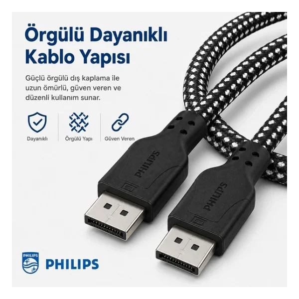 Philips Swr3139b 1.5 Metre Örgülü Displayport 1.4 Kablo, Dsc, 8K 60Hz, 4K 240Hz, 2K 360Hz, 1080P 480Hz, Hdr, 32.4 Gbps Dp Kablo - Görsel 8