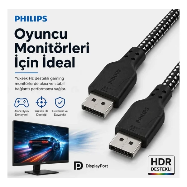 Philips Swr3139b 1.5 Metre Örgülü Displayport 1.4 Kablo, Dsc, 8K 60Hz, 4K 240Hz, 2K 360Hz, 1080P 480Hz, Hdr, 32.4 Gbps Dp Kablo - Görsel 7